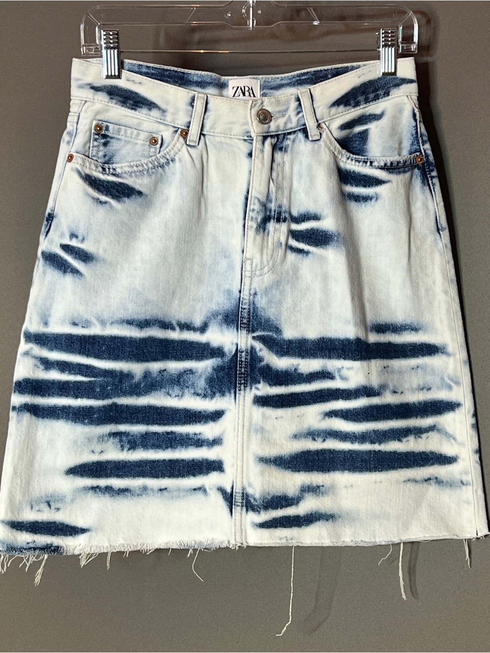 ZARA White and Navy Tie-Dye A-Line Denim Skirt